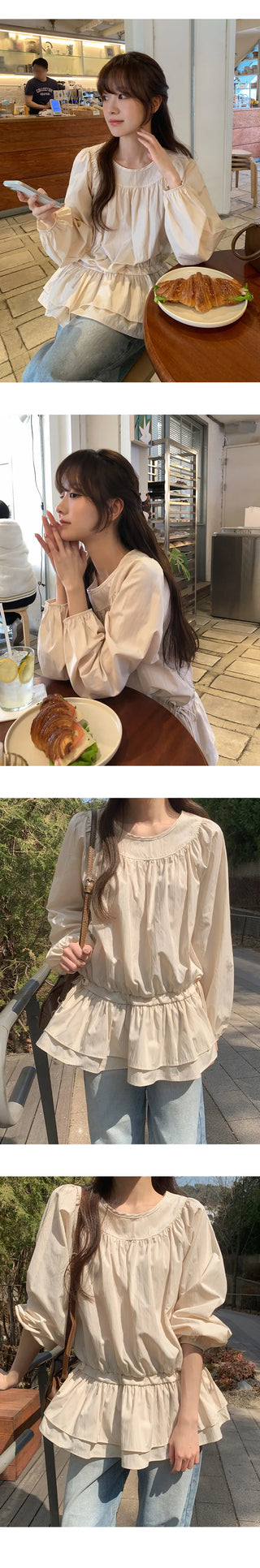 Quaren Frill Shirred String Long Sleeve Layered Dress