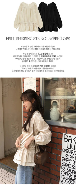Quaren Frill Shirred String Long Sleeve Layered Dress
