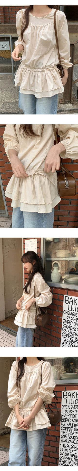 Quaren Frill Shirred String Long Sleeve Layered Dress