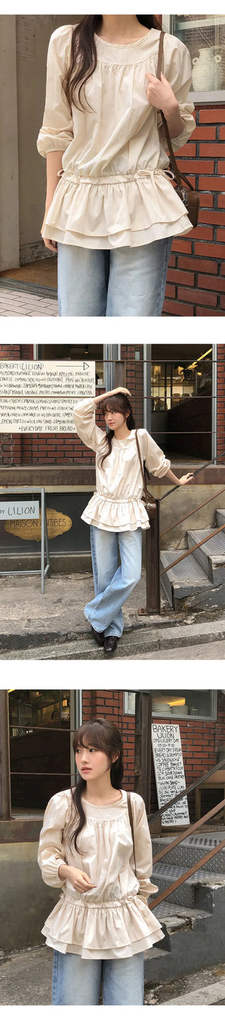 Quaren Frill Shirred String Long Sleeve Layered Dress