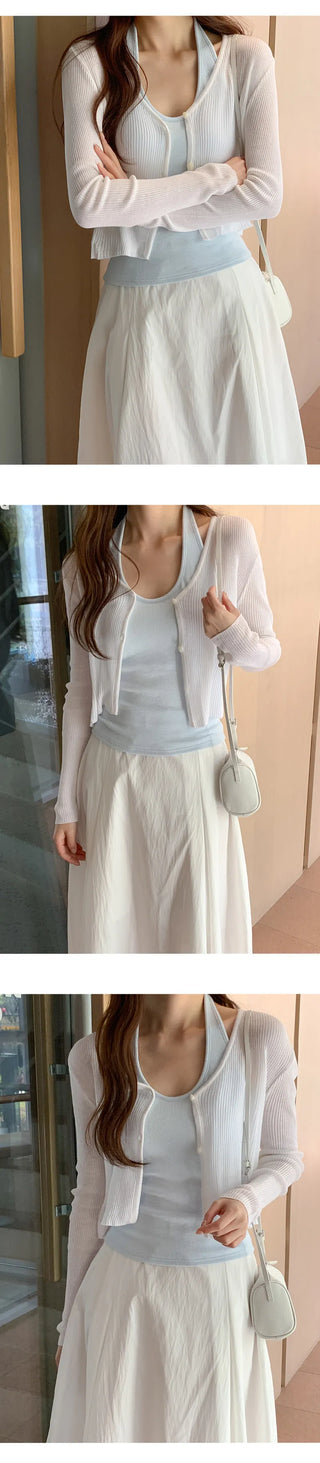 Recobin Linen Ribbed V Neck Cardigan