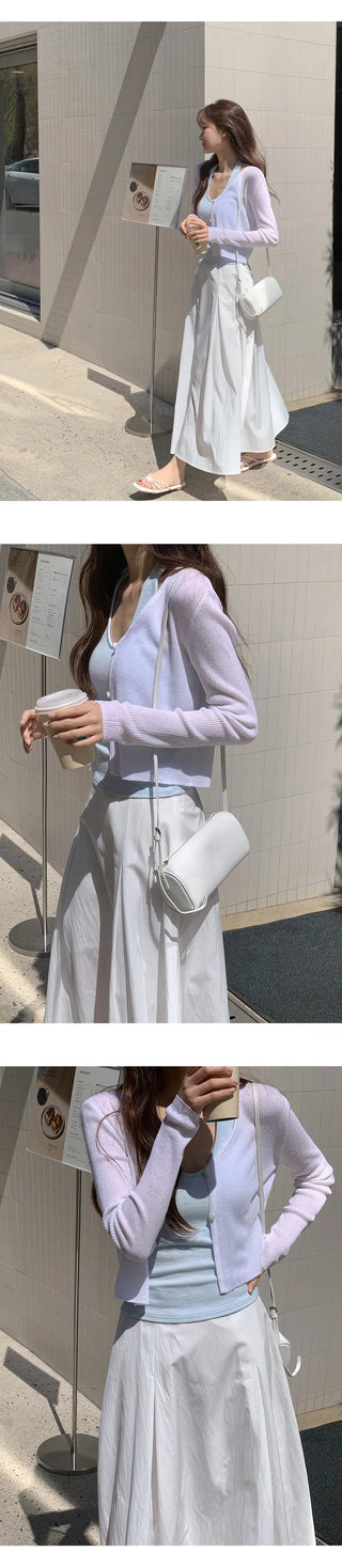 Recobin Linen Ribbed V Neck Cardigan