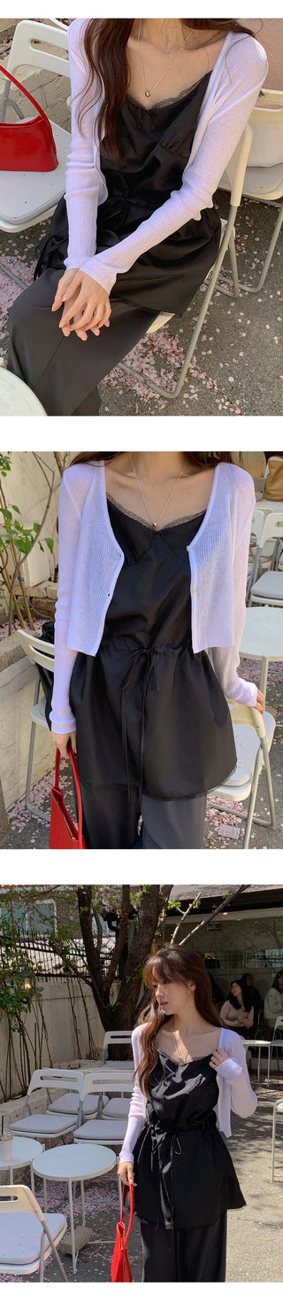 Recobin Linen Ribbed V Neck Cardigan