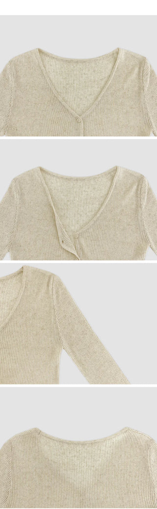 Recobin Linen Ribbed V Neck Cardigan