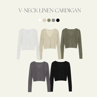 Recobin Linen Ribbed V Neck Cardigan