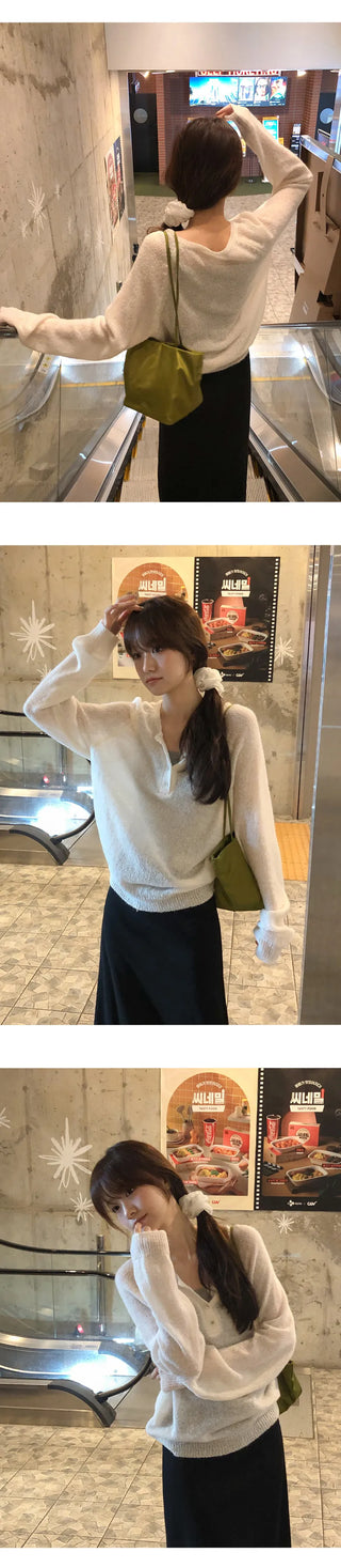 Berique Wool See through Button Raglan Long Sleeve Knit