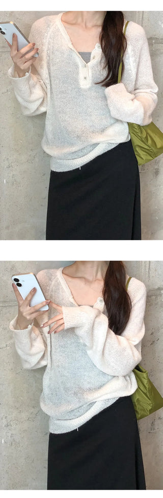 Berique Wool See through Button Raglan Long Sleeve Knit