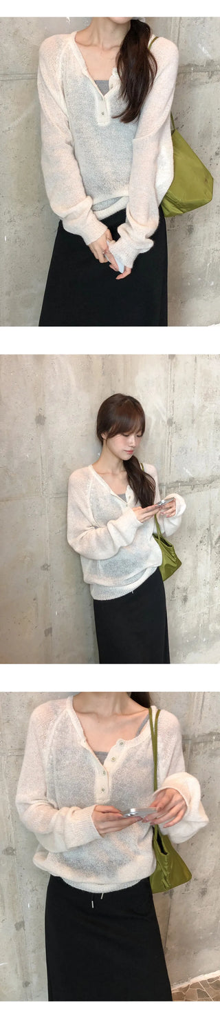 Berique Wool See through Button Raglan Long Sleeve Knit