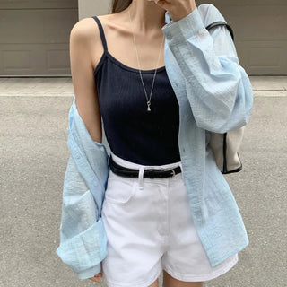 Deveson Ribbed Round Strap Sleeveless Top