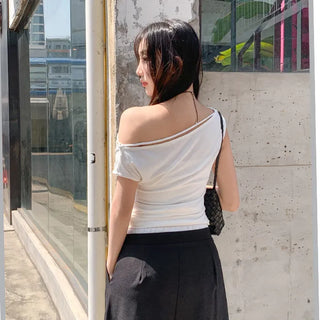 DNT Off shoulder String Shirred Drape Slit T shirt