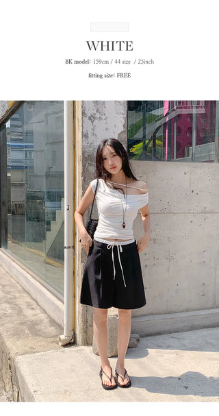 DNT Off shoulder String Shirred Drape Slit T shirt