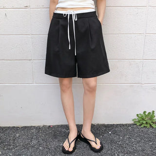 A Even Contrast Elastic Waist String Pintuck Half Slacks