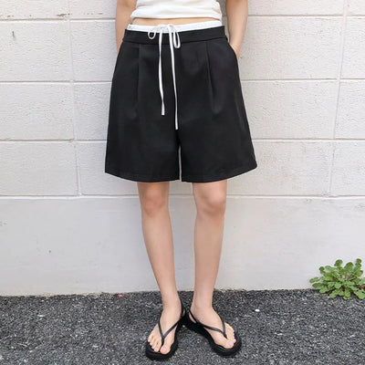 A Even Contrast Elastic Waist String Pintuck Half Slacks