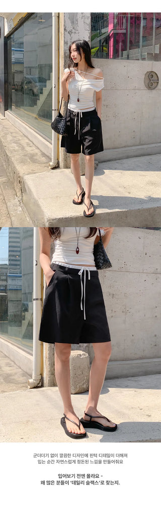 A Even Contrast Elastic Waist String Pintuck Half Slacks