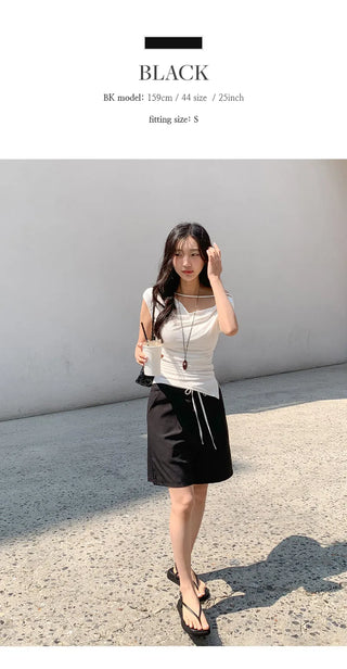A Even Contrast Elastic Waist String Pintuck Half Slacks
