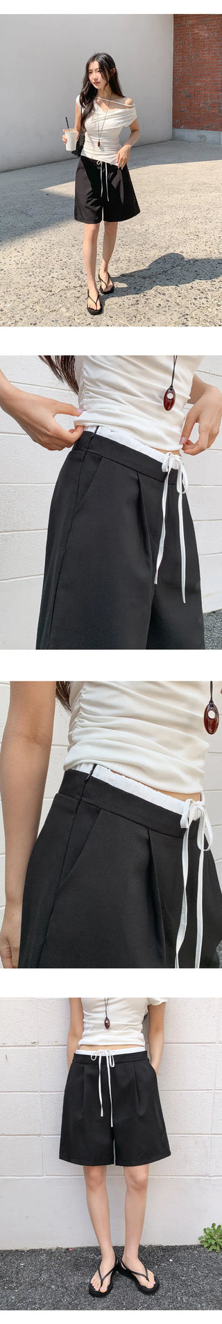 A Even Contrast Elastic Waist String Pintuck Half Slacks