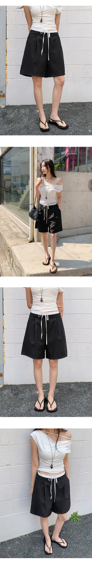A Even Contrast Elastic Waist String Pintuck Half Slacks