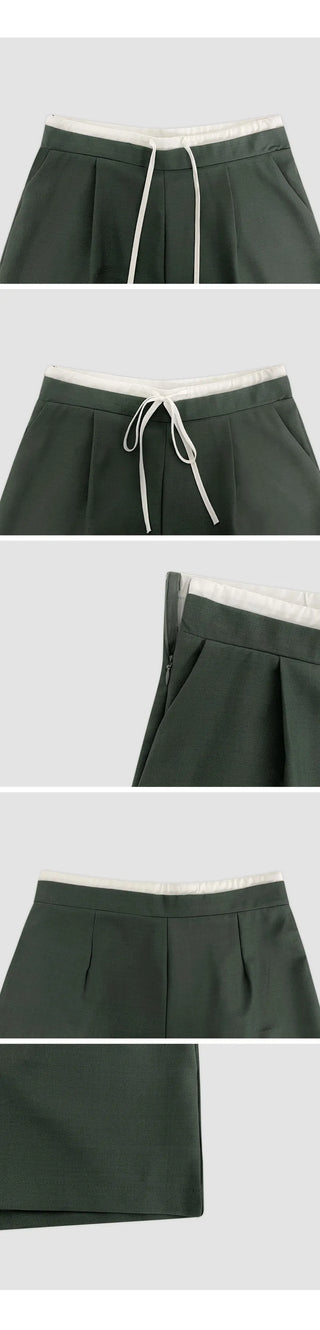 A Even Contrast Elastic Waist String Pintuck Half Slacks