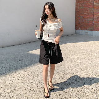 A Even Contrast Elastic Waist String Pintuck Half Slacks