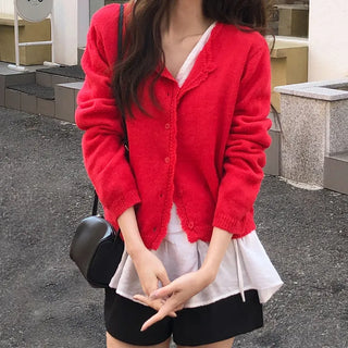 Femorin Frill Round Long Sleeve Knit Cardigan