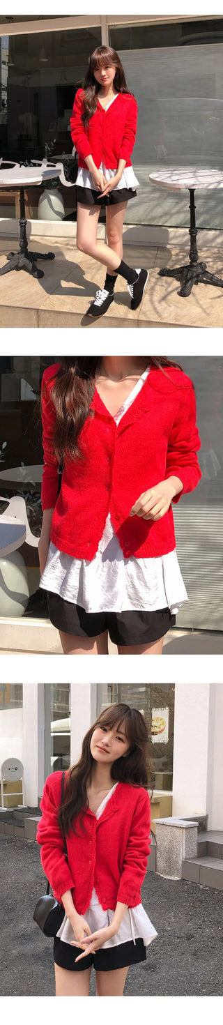 Femorin Frill Round Long Sleeve Knit Cardigan