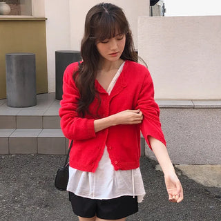 Femorin Frill Round Long Sleeve Knit Cardigan
