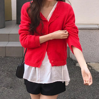 Femorin Frill Round Long Sleeve Knit Cardigan