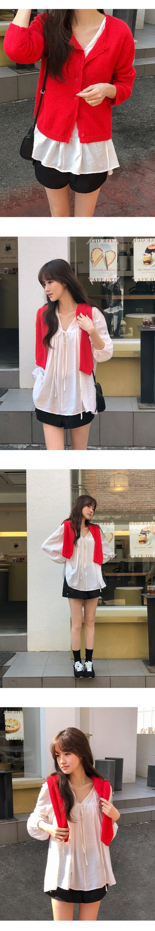 Femorin Frill Round Long Sleeve Knit Cardigan