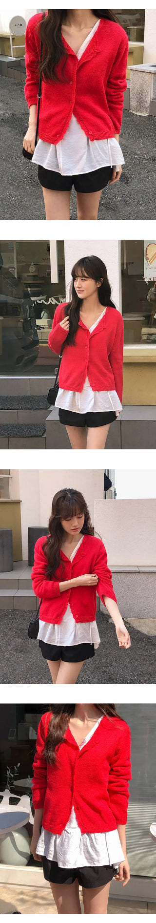 Femorin Frill Round Long Sleeve Knit Cardigan
