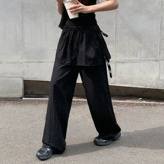 Taymon Frill Layered Skirt Nylon Elastic Wide Pants