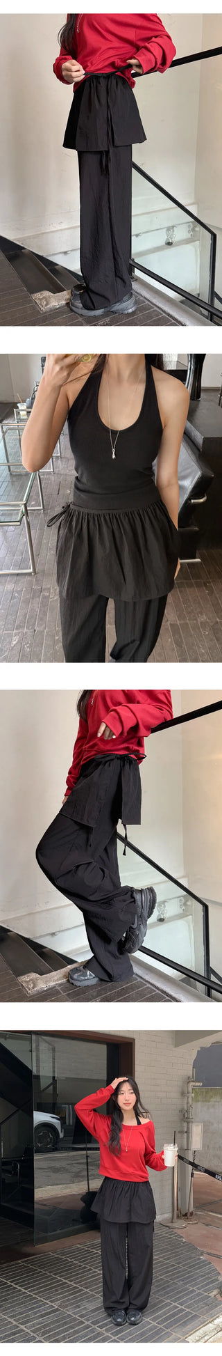 Taymon Frill Layered Skirt Nylon Elastic Wide Pants