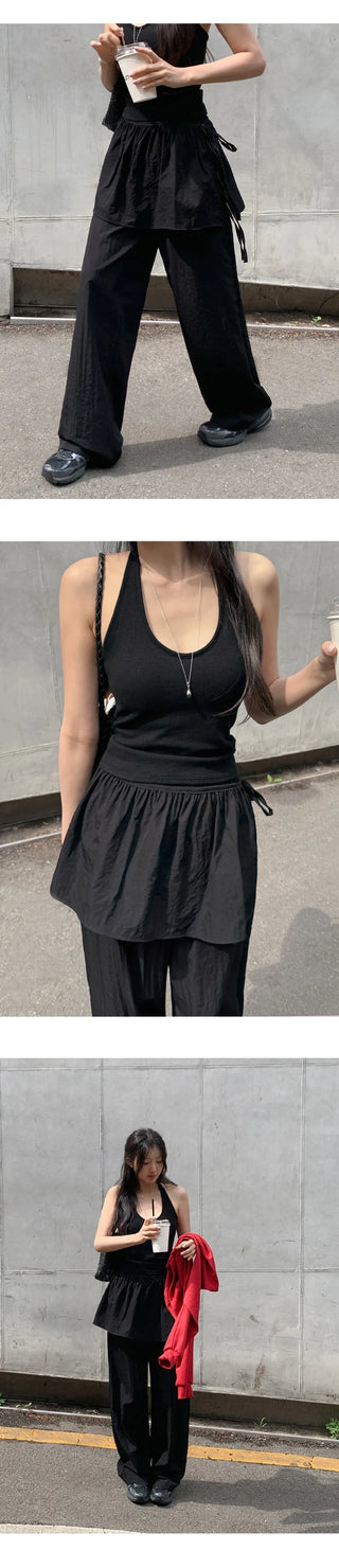 Taymon Frill Layered Skirt Nylon Elastic Wide Pants