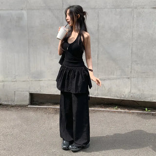 Taymon Frill Layered Skirt Nylon Elastic Wide Pants
