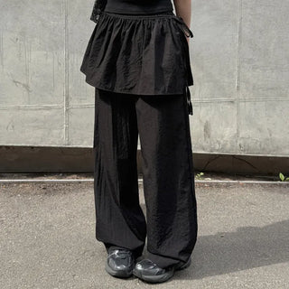 Taymon Frill Layered Skirt Nylon Elastic Wide Pants