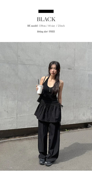 Taymon Frill Layered Skirt Nylon Elastic Wide Pants
