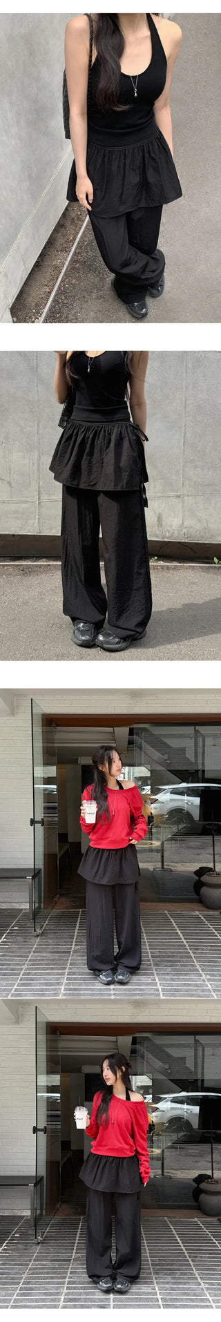 Taymon Frill Layered Skirt Nylon Elastic Wide Pants