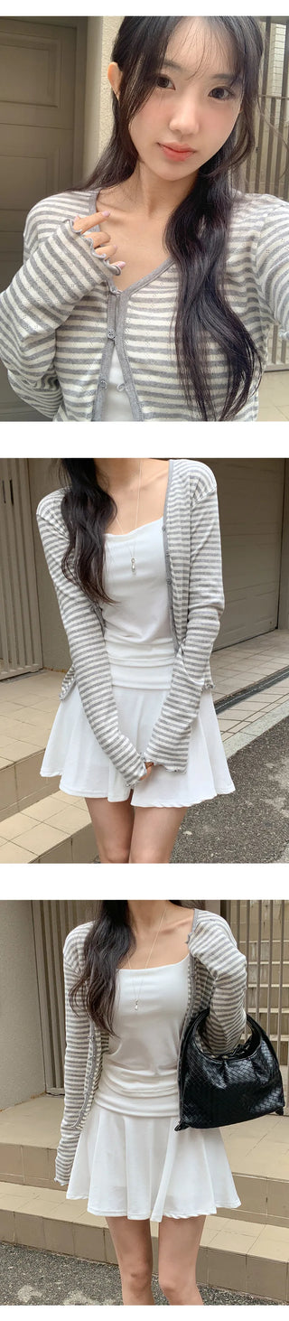 Lebeche V neck Striped Punched Wave Cardigan