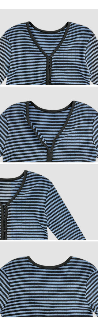Lebeche V neck Striped Punched Wave Cardigan