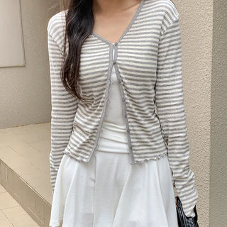 Lebeche V neck Striped Punched Wave Cardigan