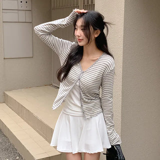 Lebeche V neck Striped Punched Wave Cardigan