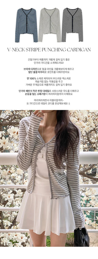 Lebeche V neck Striped Punched Wave Cardigan