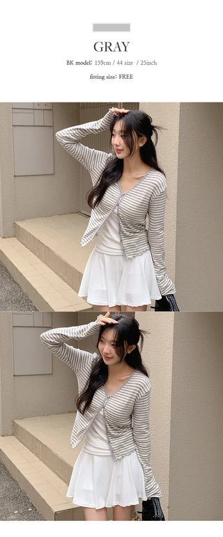 Lebeche V neck Striped Punched Wave Cardigan