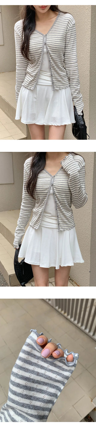 Lebeche V neck Striped Punched Wave Cardigan