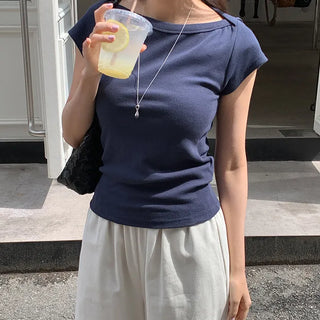 Reued Boat Neck Ribbed Cap Sleeve Short Sleeve T shirt