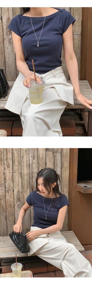 Reued Boat Neck Ribbed Cap Sleeve Short Sleeve T shirt