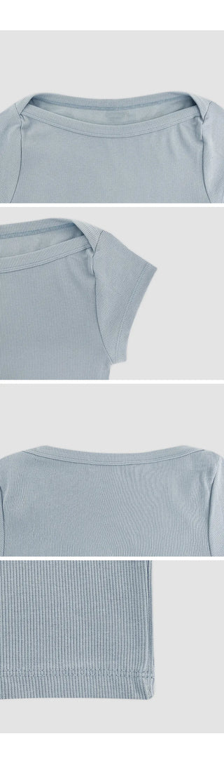 Reued Boat Neck Ribbed Cap Sleeve Short Sleeve T shirt