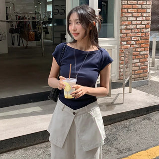 Reued Boat Neck Ribbed Cap Sleeve Short Sleeve T shirt