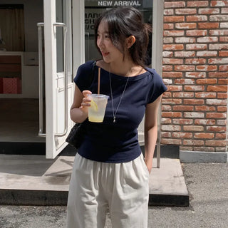 Reued Boat Neck Ribbed Cap Sleeve Short Sleeve T shirt