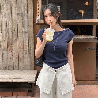 Reued Boat Neck Ribbed Cap Sleeve Short Sleeve T shirt