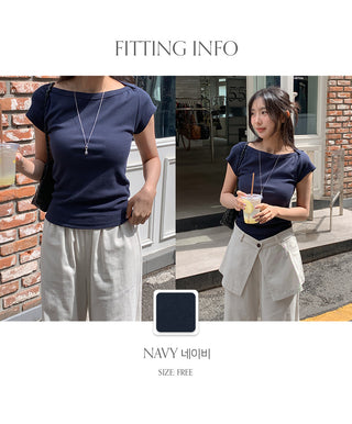 Reued Boat Neck Ribbed Cap Sleeve Short Sleeve T shirt